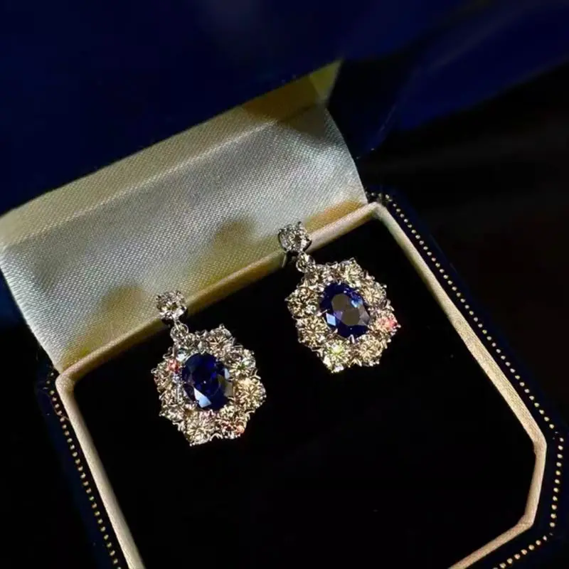 New 100% S925 Silver 6 * 8 Elliptical Tanzanine Blue Earrings Elegant Women's Fashion Colorful Jewelry Wedding Jewelry