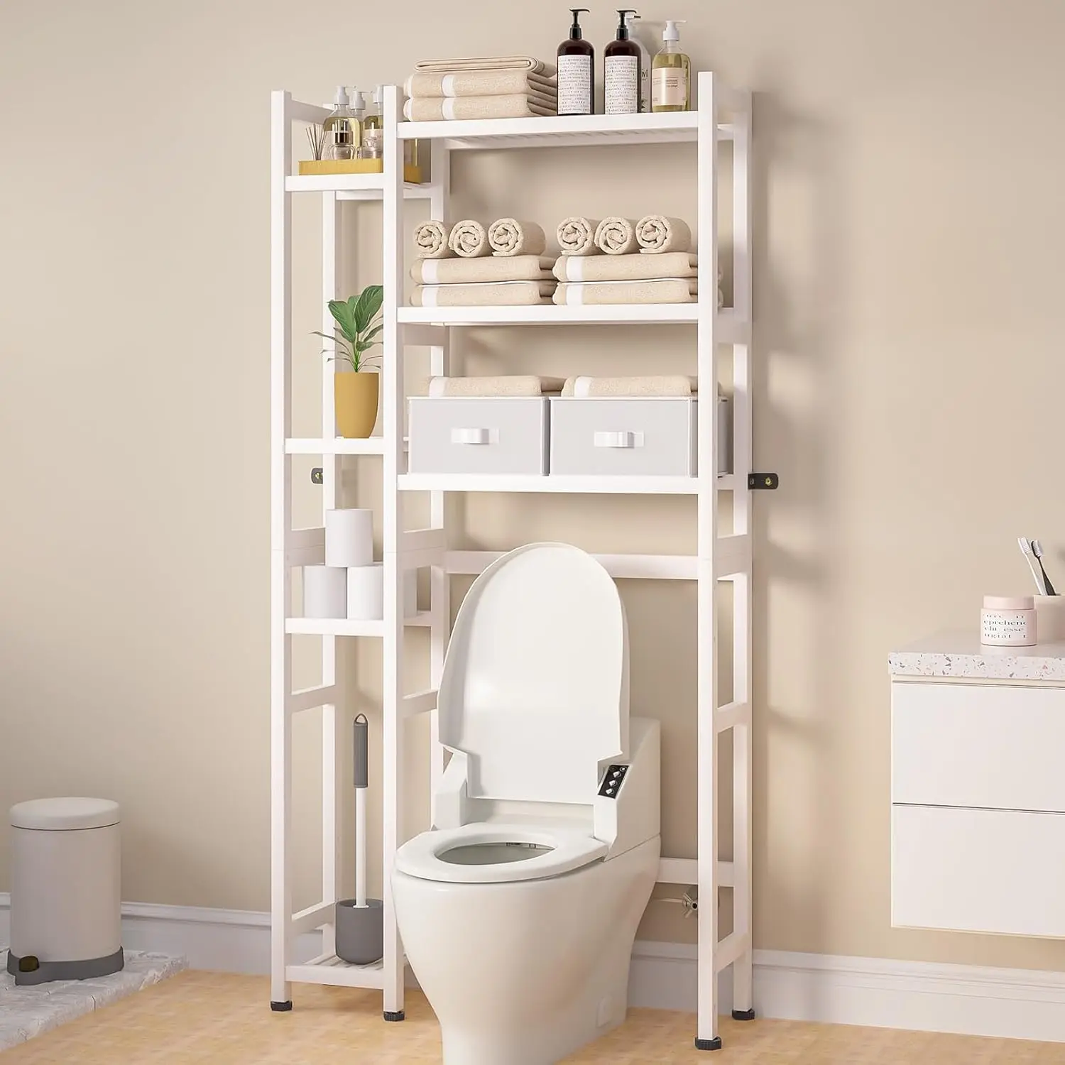 

Bamboo Bathroom Organizer with Adjustable Shelf, Basket & Drawer, Waterproof Feet Pad, Space Saver Rack for Restroom Laundry