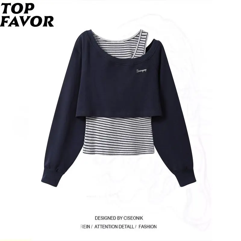 Designer Unique Off-shoulder Tops Women Two Piece Set Long Sleeve Striped Sweatshirt Fall Navy Hoodie Jacket Spring Outwear