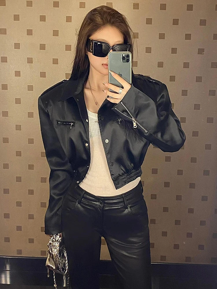 

Кожаное пальто в стиле ретро Spicy Girl Jaet ort Sle, американский универсальный утягивающий осенний топ, женское пальто с воротником модного дизайна