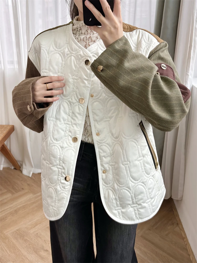 Women's Winter Fashion,Lightweight Cotton Clothing, Wool Blend, Surround Arch, Quilted Splicing, Long Sleeved Jacket, Niche GA