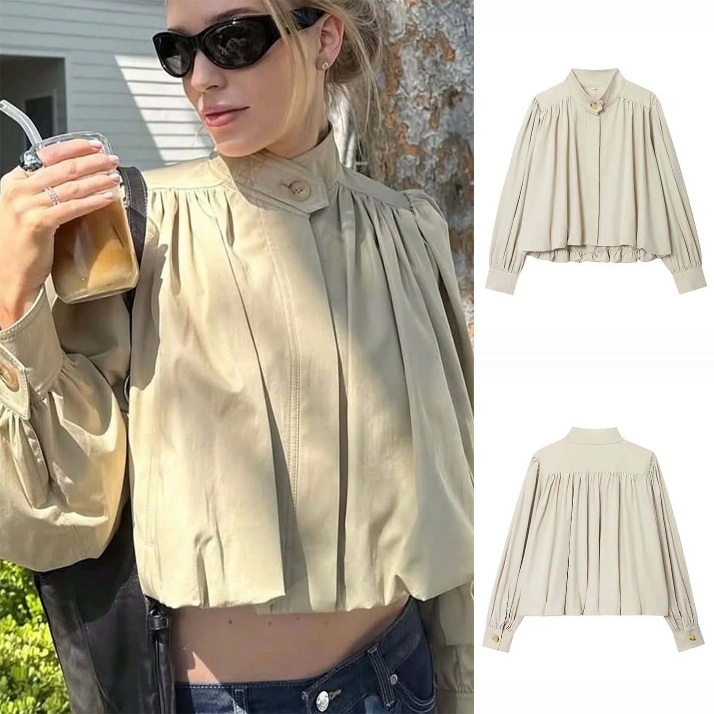 

Новинка осени, повседневная свободная посадка, плиссированная отделка, высокий воротник, длинная свековая длина, верхняя одежда Jaet, женская мода