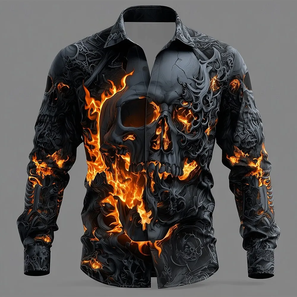 Halloween Men's Skull Flame Halloween Costumes Shirt Button Up Shirt 3d Printing Long Sleeve Shirt Gothic Style Tops