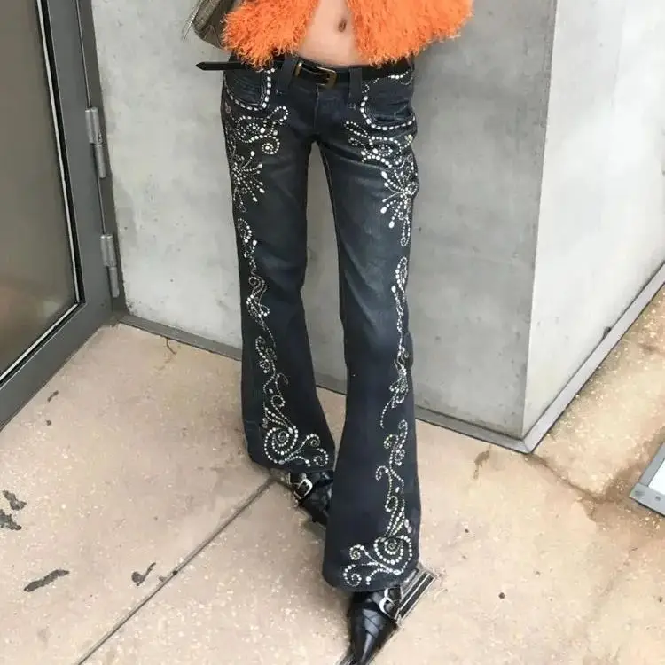 

American Jeans Hot Girl Printed Gem Pattern Women New Design Micro-Flared Floor-Length Trousers