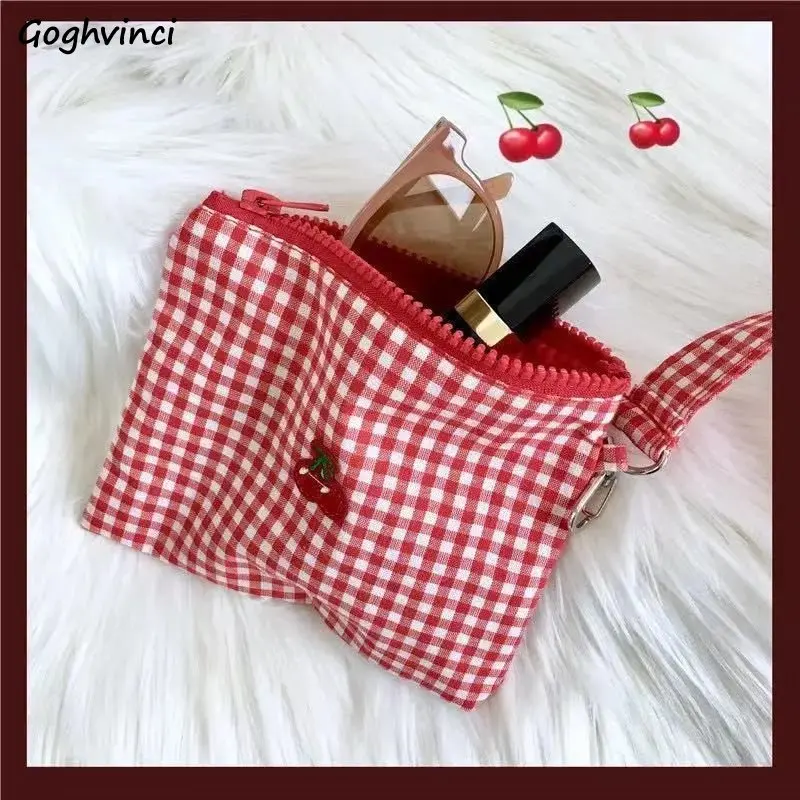 Plaid Embroidery Cute Cosmetic Bags Zipper Portable Lipstick Makeup Cases Korean Red Wash Bag Coin Key Toiletries Storage Pouch