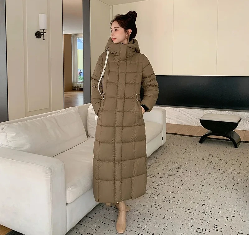 冬のレディースロングパファーアウター厚手フード付きダウンコート女性用軽量薄手ホワイトダックジャケットパーカー