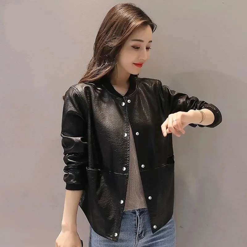 Fashion Single-breasted Short Leather Women's Spring and Autumn 2024 Loose Stand-up Collar PU Casual Leather Jacket Female Tide