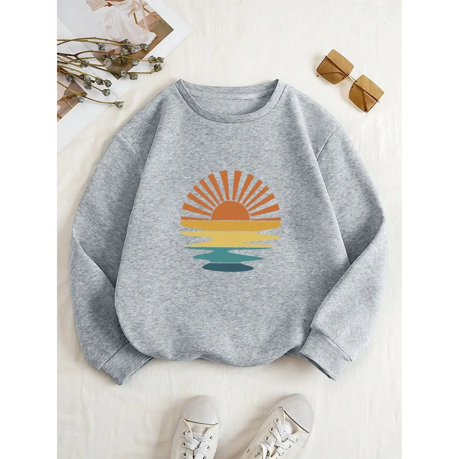 المرأة جولة الرقبة طويلة الأكمام المخملية عارضة إيجابية شروق الشمس مشهد البلوز الشتاء مريحة فضفاضة عارضة المطبوعة قمم #3