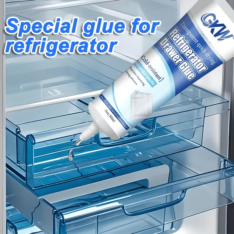 Fridge Drawer Repair Glue, fast dry transparent low temp resistant, fix tray slide seal glass for home & car fridge