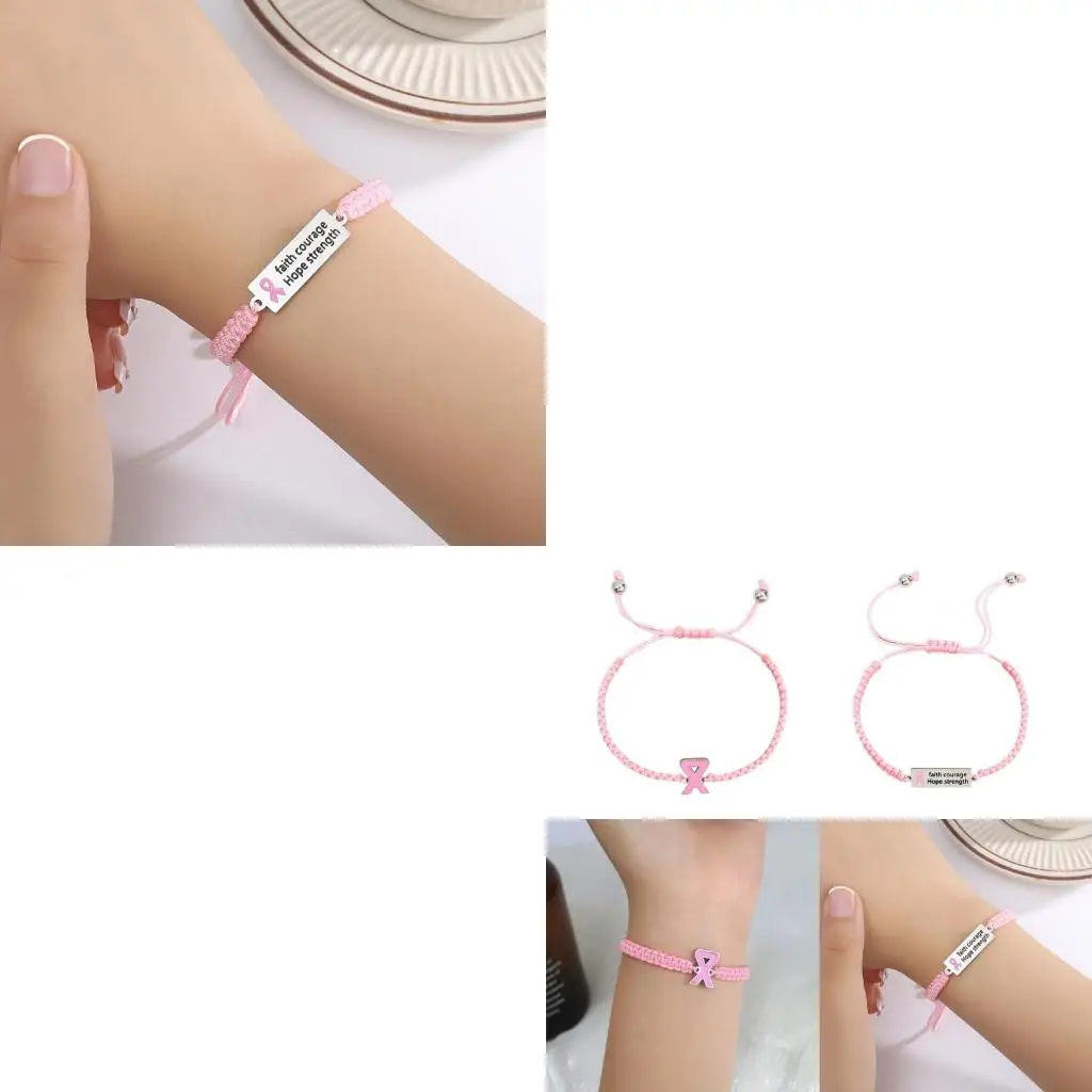 Pink Ribbon Charm Bracelets Breast Cancers Awareness Jewelry Handwoven Rope Bangles for Women Handmade Jewelry Gift
