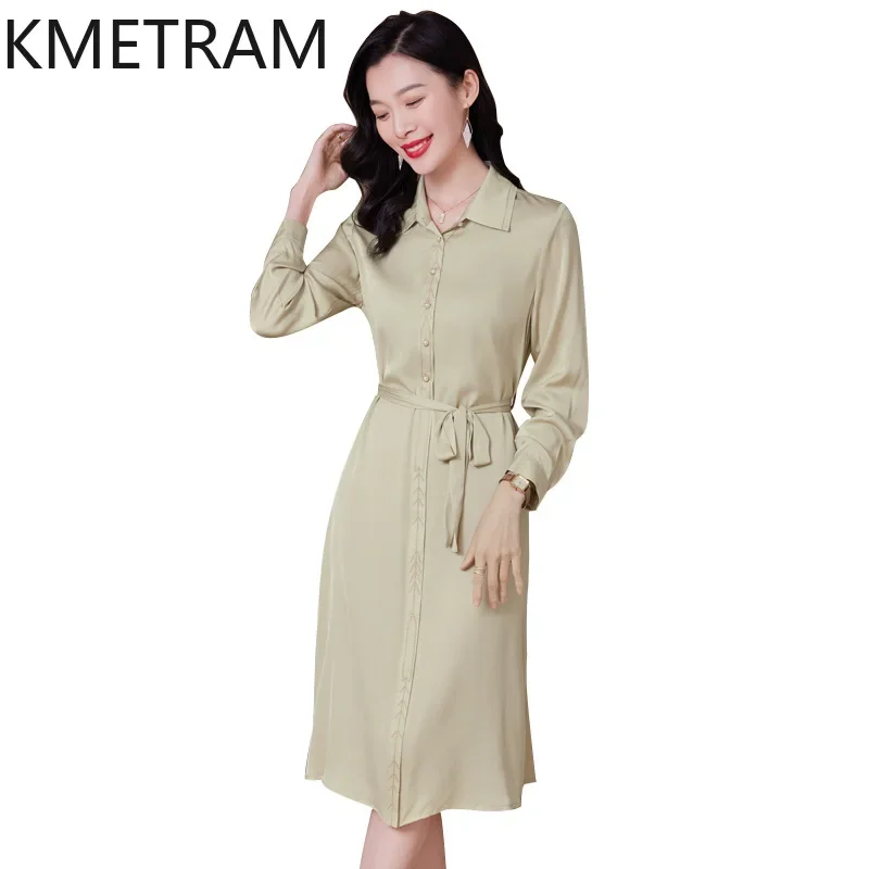 

KMETRAM 91.2% Mulberry Silk Dress Women Elegant Party Midi Dresses Female Spring Summer Long Sleeve Dresses Women Clothing 원피스