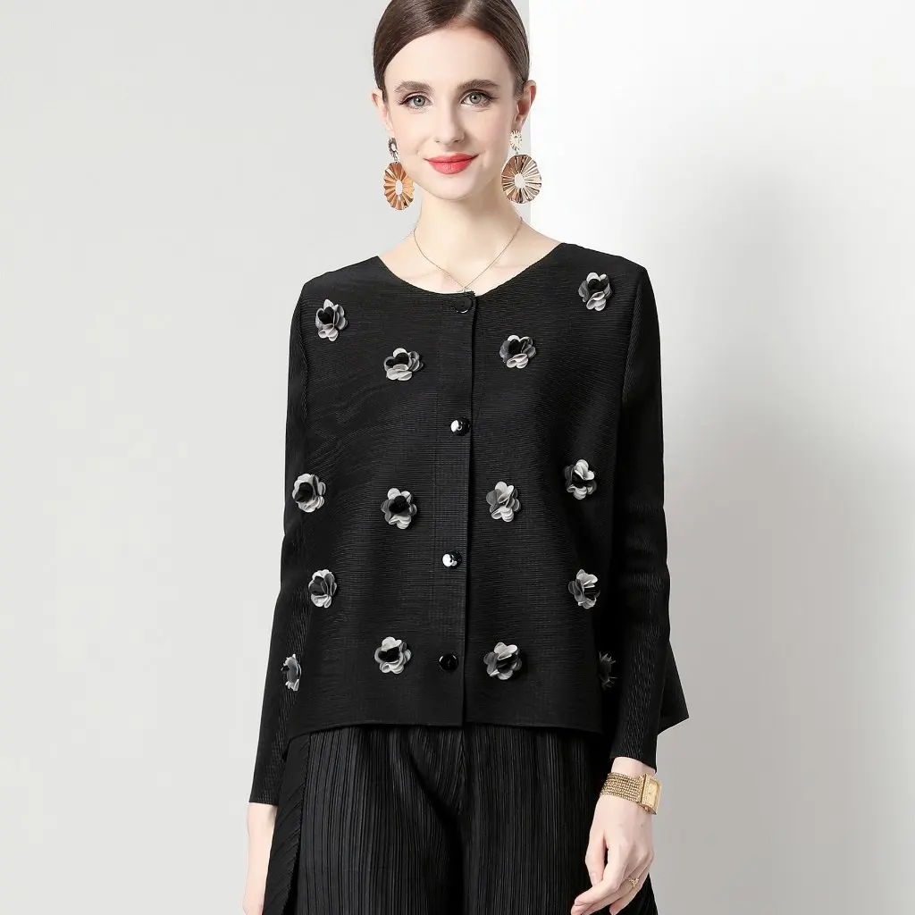 

Miyake Foreign Trade Loose All-match Three-dimensional Decorative Design Pleated Small Jacket Casual Long-sleeved Top for Women
