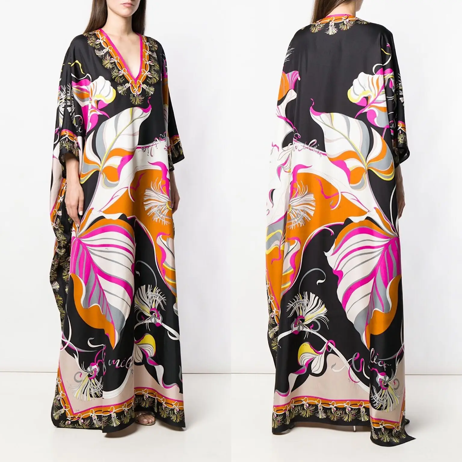 

New Faionable Printed V-Ne Loose plus Size Extended Elastic Knitted Dr n Sweet Sle Long Skirt Polyester Fiber