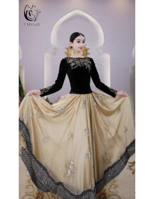 

Китайский Синьцзянский танцевальный костюм с вышивкой, 720-градусная распашная юбка, юбка средней длины