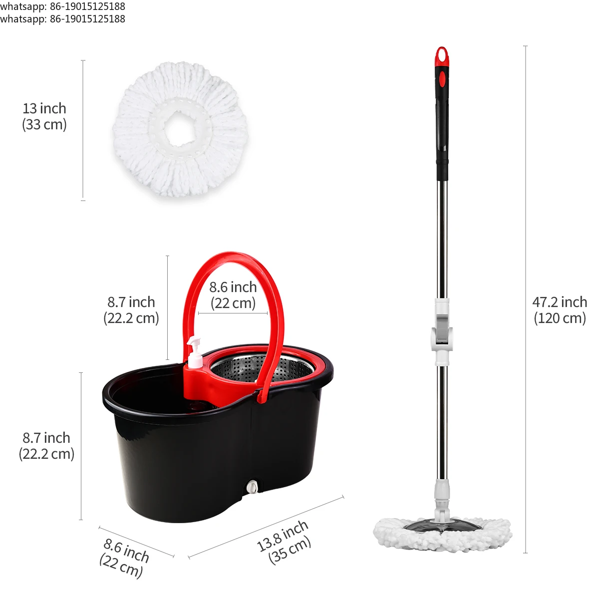 Mop Bucket Set 360° Dual-Motion Spin Mop System 3 Split-Yarn Mop Heads Self Cleaning Bucket