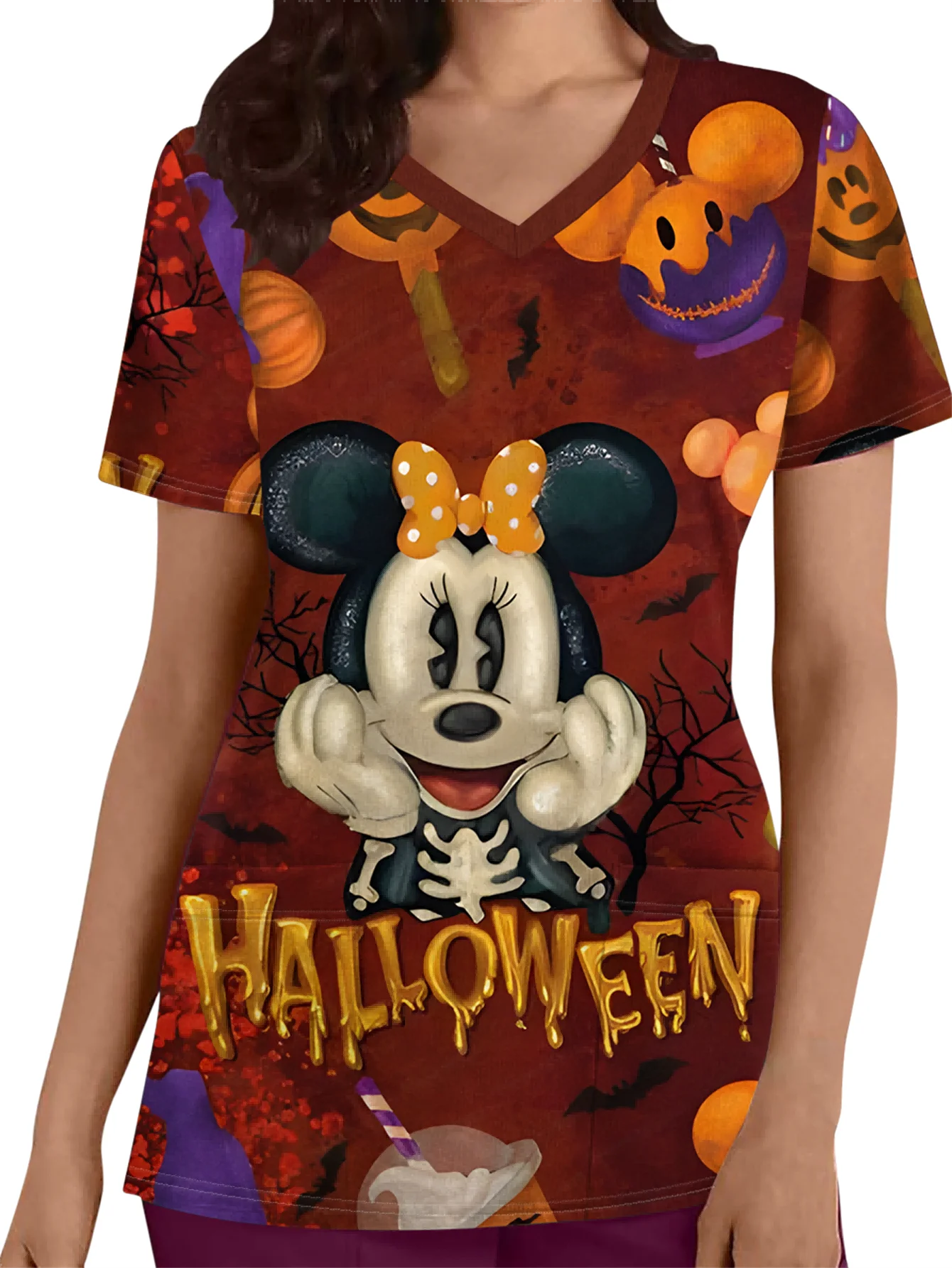 

Halloween Minnie 3D New Cartoon Stitch Women's V-neck Short sleeved Summer Casual Digital Printed T-shirt Top