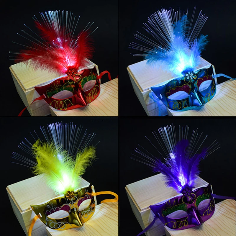 Multi Color Halloween LED feather Mask fiber optic prom party princess feather mask decoration supplies glow light mask