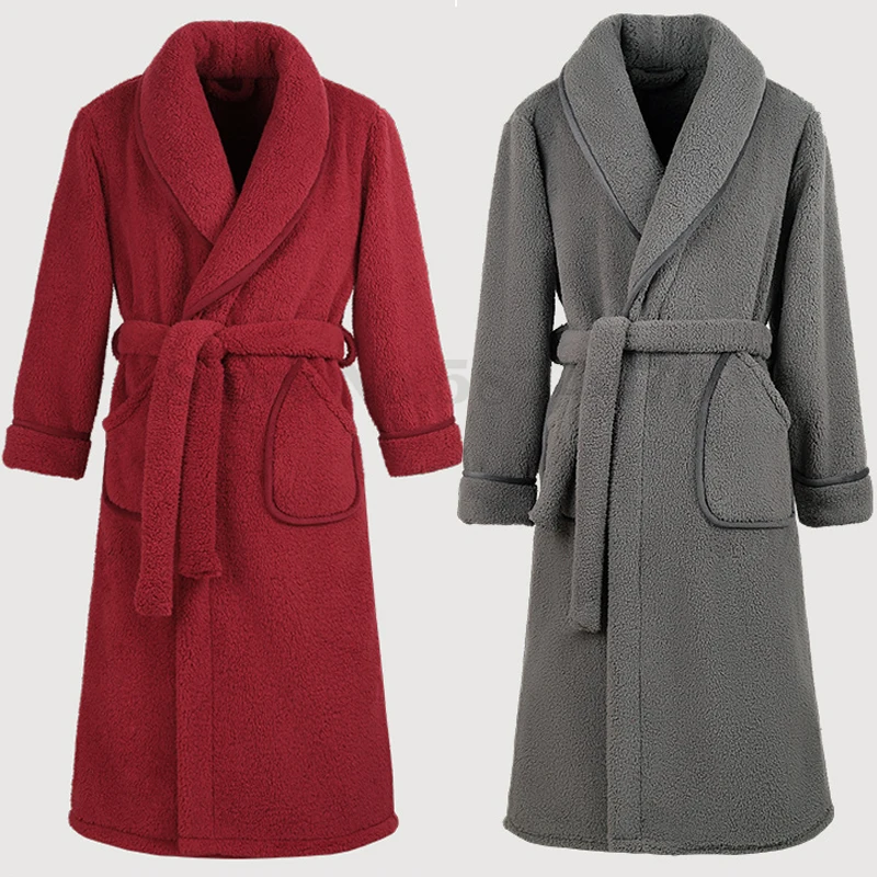 Winter Flannel Couple Long Robe Lounge Wear Thickened Coral Fleece Kimono Bathrobe Gown Sleepwear Loose Casual Warm Home Clothes