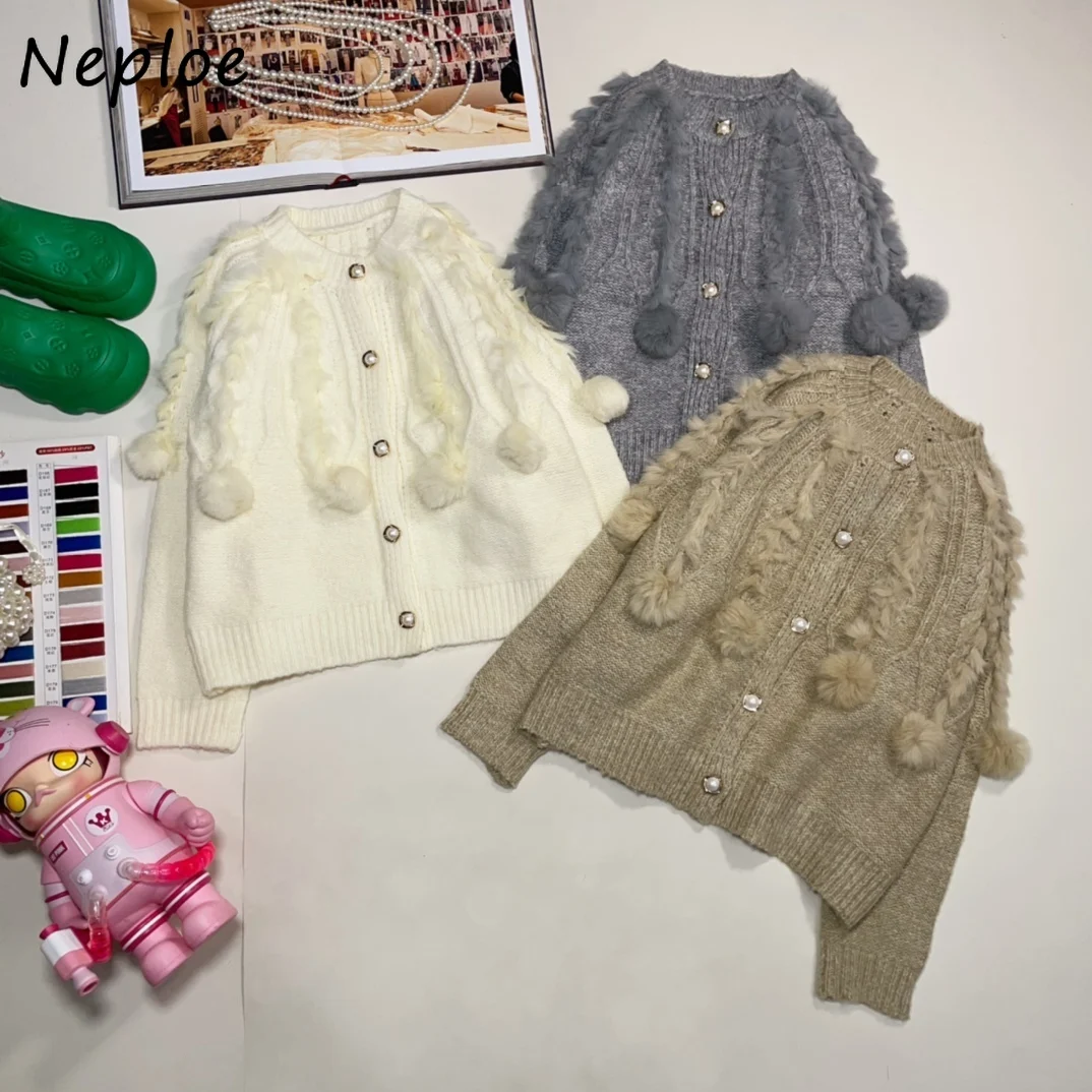 Neploe Fresh Niche Korea Chic Harajuku Women Clothing 3D Flower Hair-ball Loose All-match Jumper Moda Elegant Exquisite Cardigan