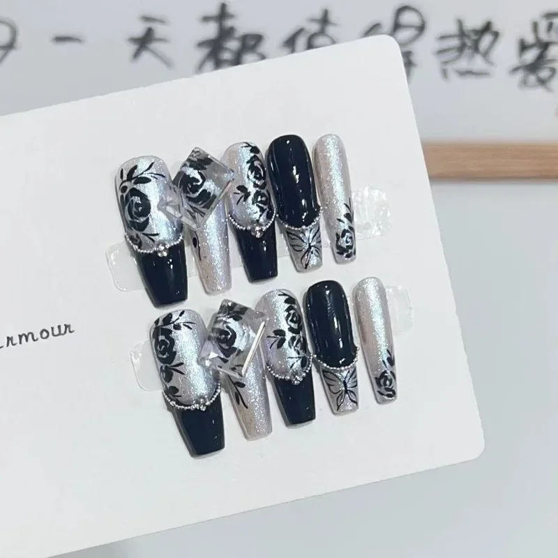 Black Rose 10Pcs /Set Full Cover False Nails Press on Nails Fake Nails Diy Pure Handmade Removable French White Square Diamond