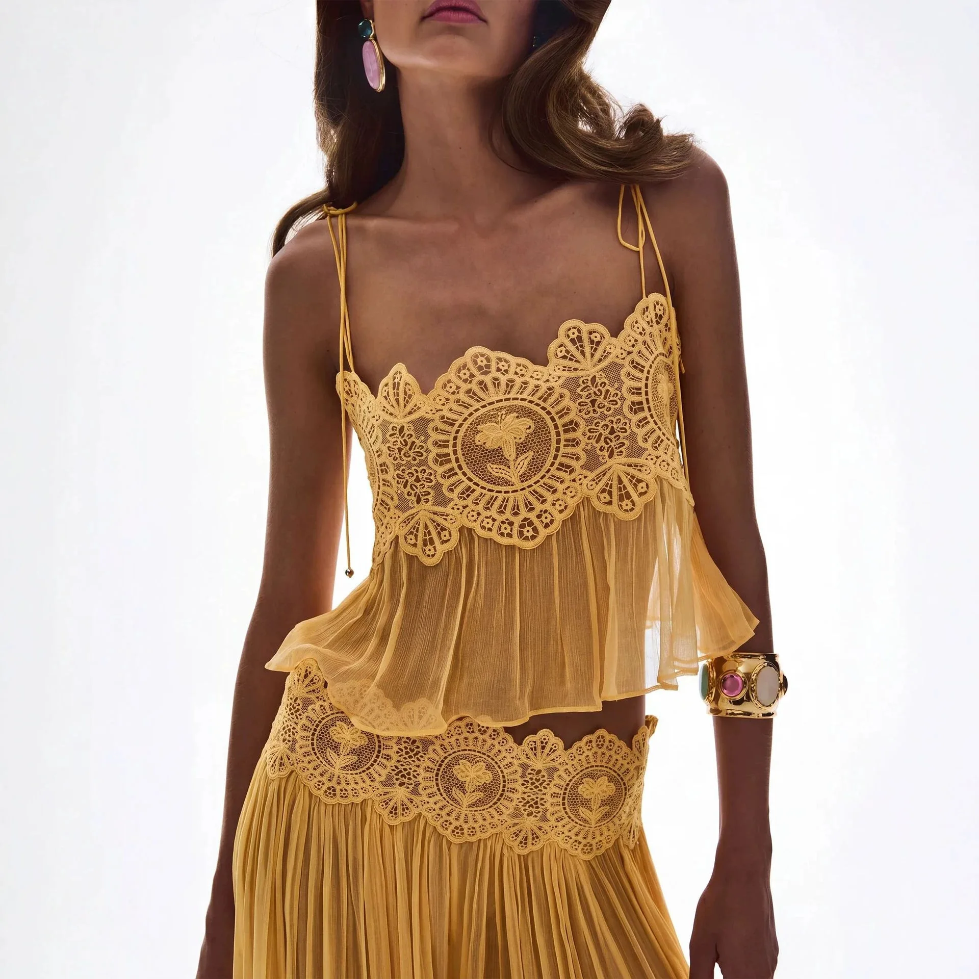 レディースロングパンツセット、スクエアネックシースルーラッフ - Lace Trim Cami のレビューと価格