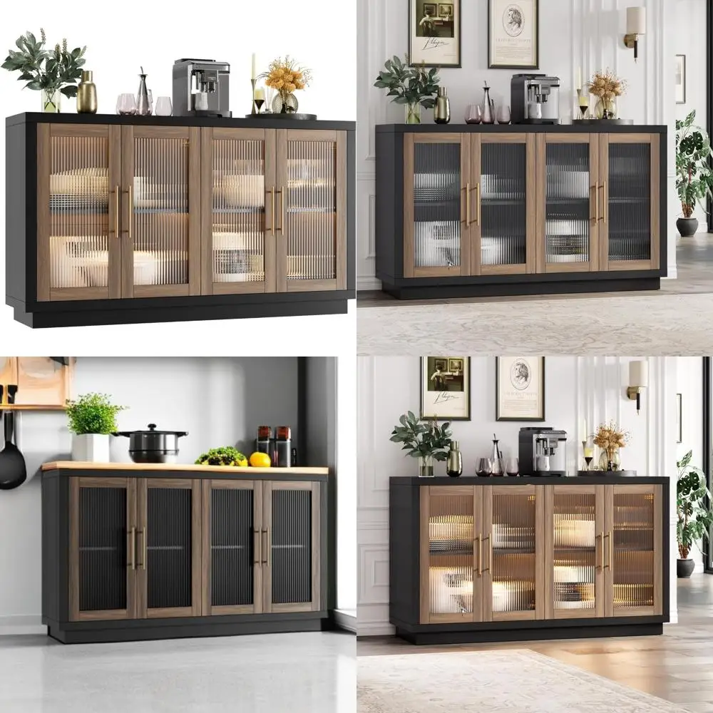 Grande armário de buffet de cozinha moderno com 4 portas de vidro caneladas e armazenamento para mesa de buffet aparador 55,1