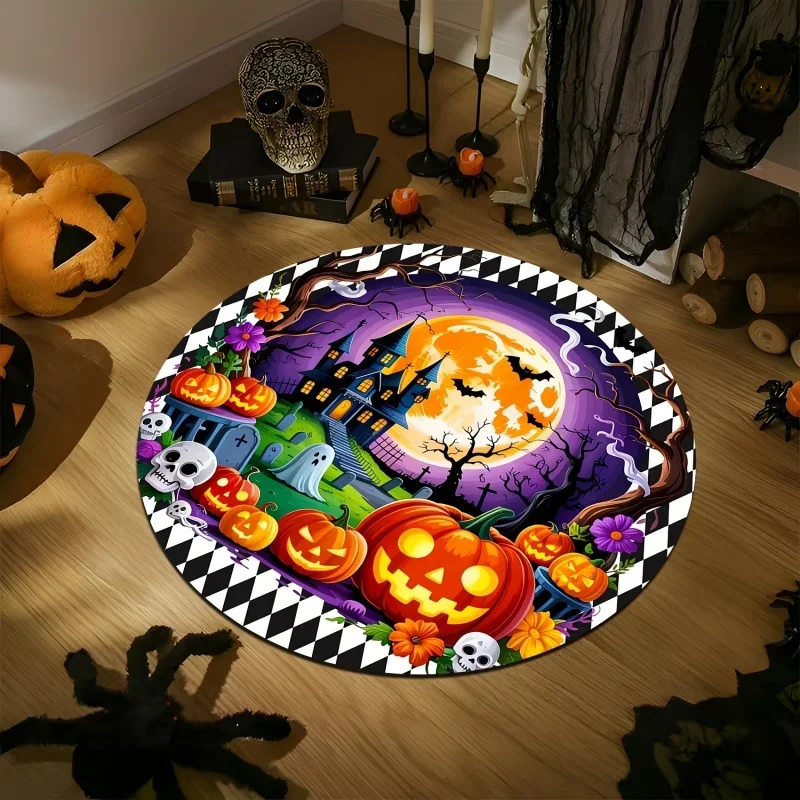 Haunted House Pumpkin Ghost Halloween Round Rug,Bat Skull Moon Printed Circular Floor Mat,Spooky Indoor Home Decor
