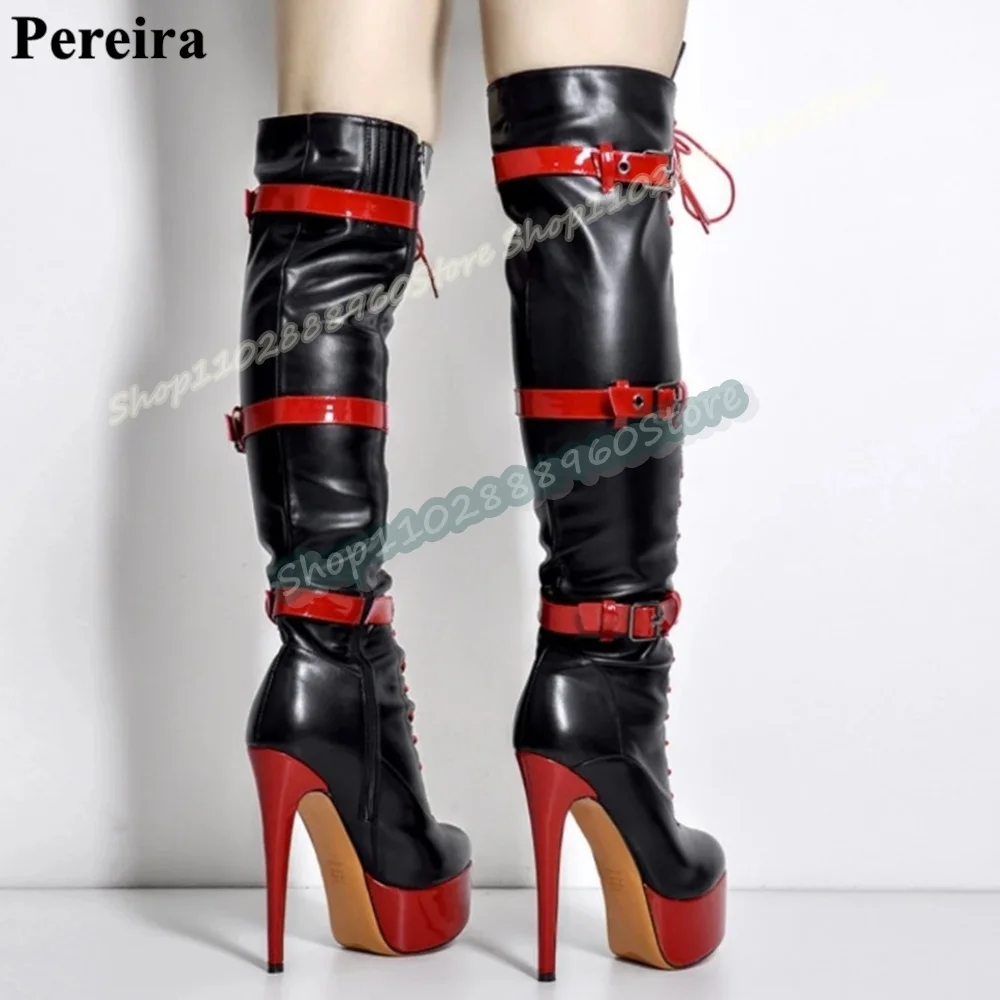 

Over The Knee Black Buckle Strappy Cross Tied Boots Thin High Heel Shoes For Women Side Zipper Pointed Toe Fashion Women Boots