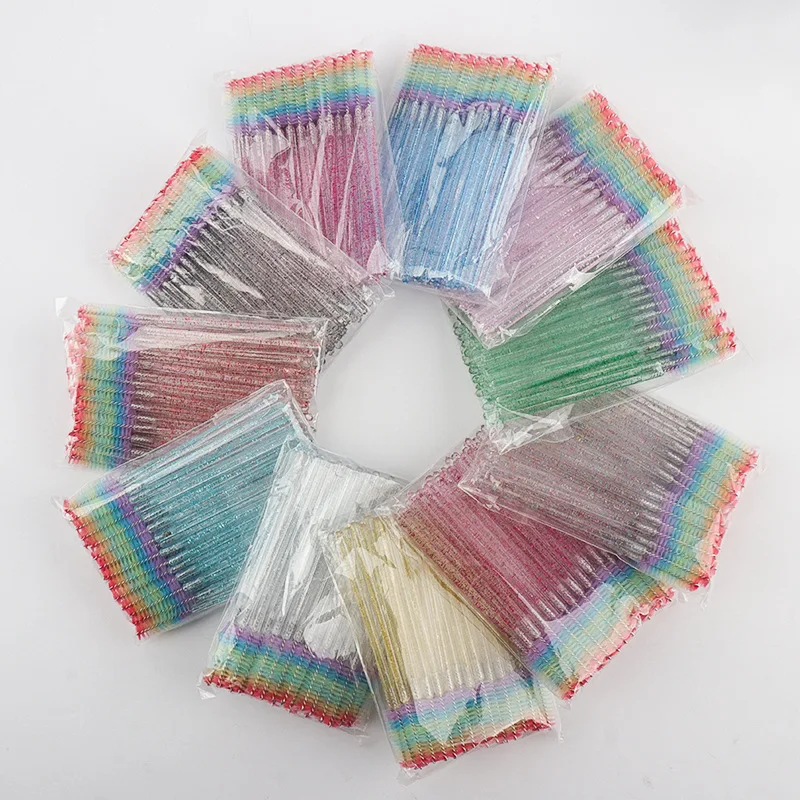 50 Stück Regenbogen-Glitzer-Mascara-Zauberstäbe, rosa Wimpernbürsten, Spulen, bunte Einweg-Mascara-Zauberstäbe für Wimpernverlängerungen