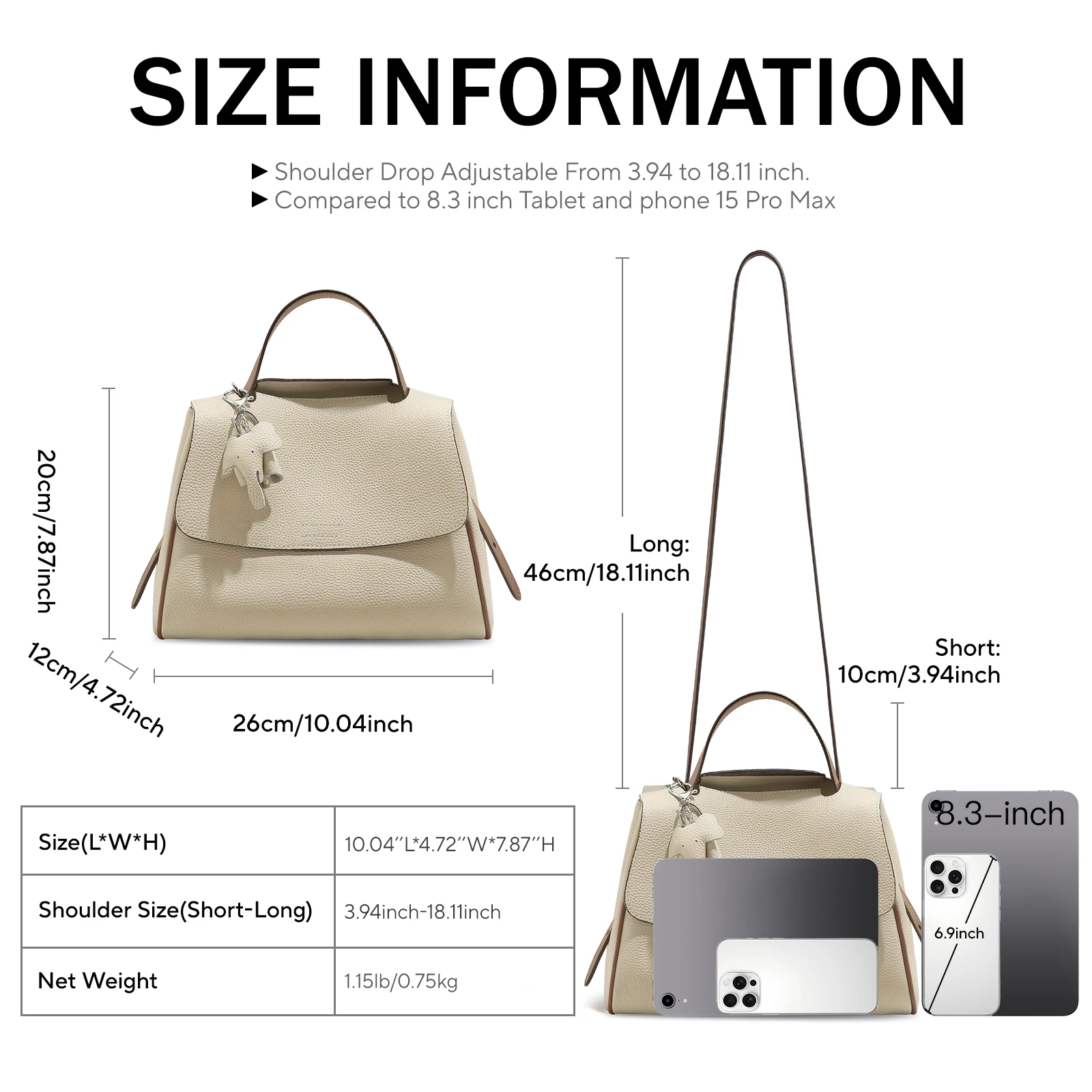 ITAMOOD Genuine Leather Women\'s Shoulder Bag Adjustable Strap Multi-Pocket Large Capacity Commuting Crossbody Bag with Pendant