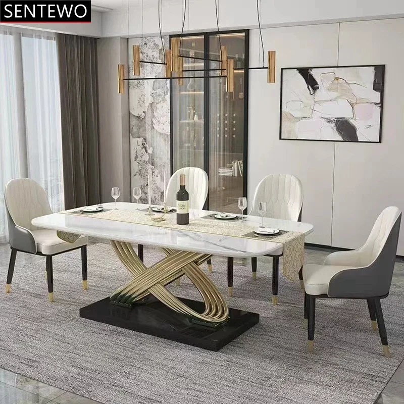 SENTEWO Free Shipping  Dining Table Luxury Stone Light Modern Gold Frame High-end Designer Dining Table And Chair Combination