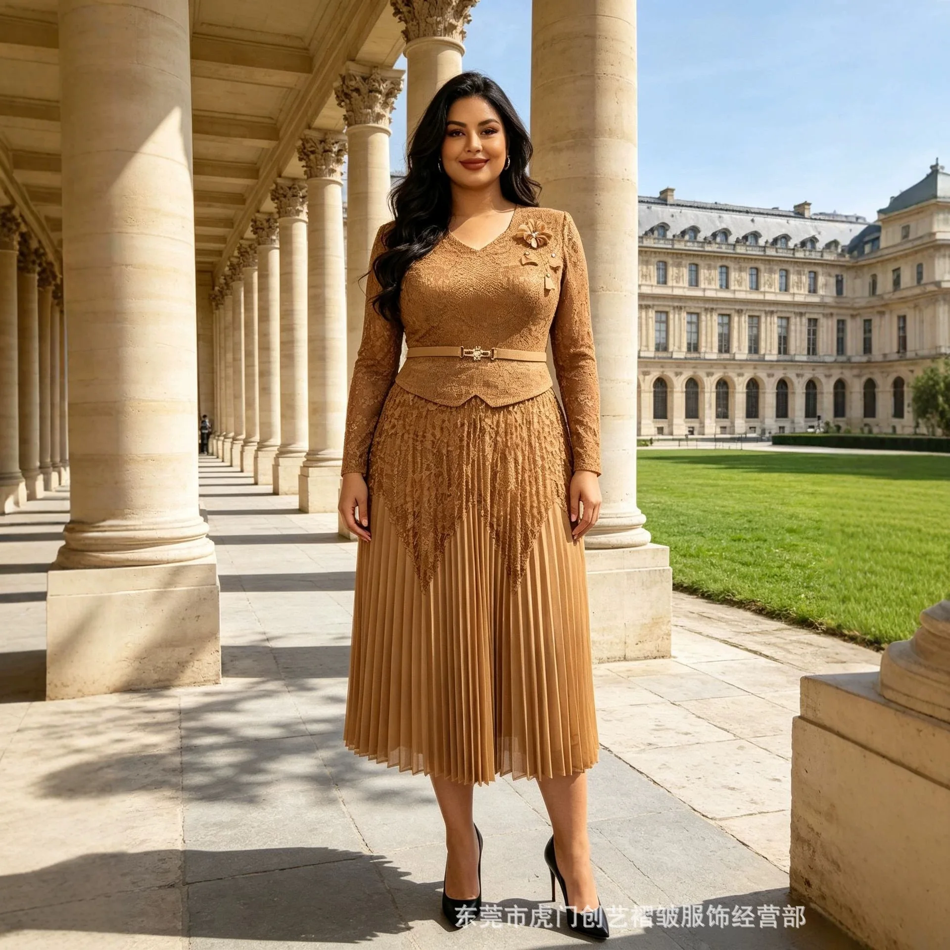 Miyake Plus-size Clothes, 2026 Autumn. Collection, New Pleated Lace Elegant Long Clothes For Women. Robe Boho Lace