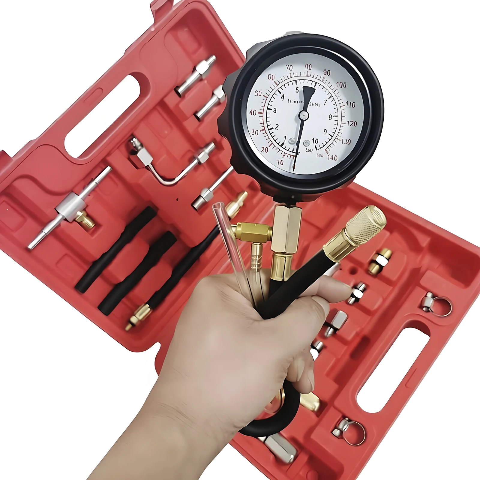 TU-QP4129 Fuel Injector Pressure Gauge Tester Kit Diesel Engine Compression 0-140 PSI Gas Oil Pressure Tools for Car Motorcycle
