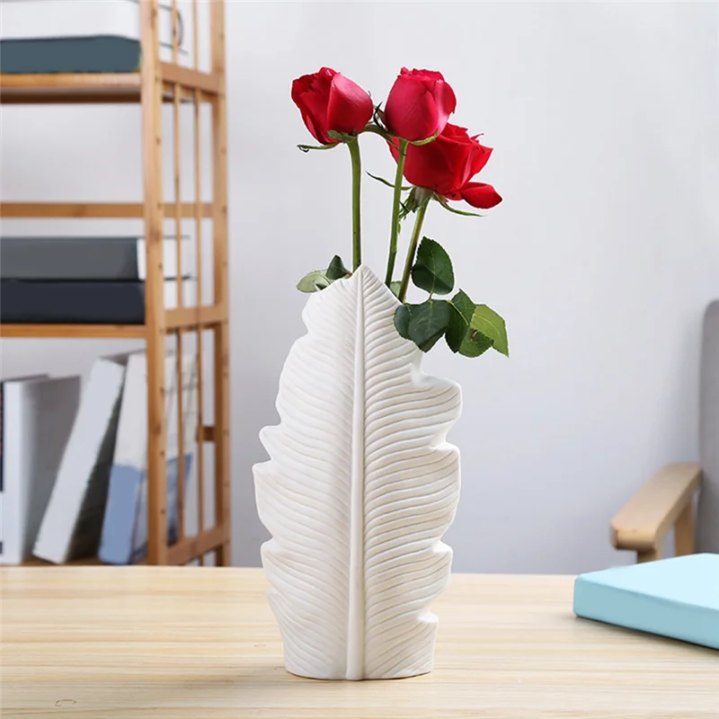 Y42A-1 قطعة مزهرية ريشة ورقة شكل اناء للزهور شرفة مكتب زخرفة الأبيض غرفة نوم غرفة المعيشة سطح المكتب ديكور المنزل