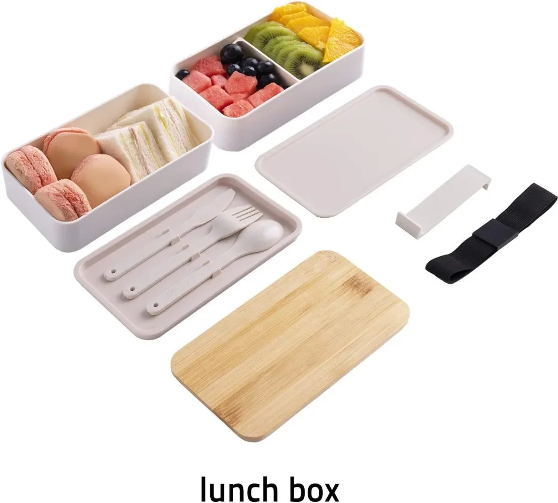 Bento-Lunchbox für Erwachsene, 2-stufiges Aufbewahrungsbehälter-Set für Lebensmittel mit Besteck für Kinder/Kinder, zerkleinerer, mikrowellengeeignet und spülmaschinenfest – Detail 7