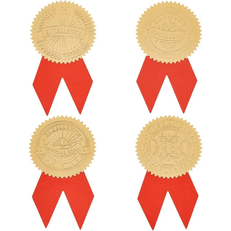 48pcs Gold Diploma Seal with 48pcs Red Ribbon Decoration Sticker Self Adhesive Labels for Envelopes Certificates Graduation