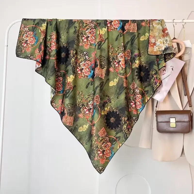 

135*135cm Oil Painting Hijab Fragrant Cloud Yarn Flower Square Scarf Curling Sunscreen Shawl Silk Scarf Women's Retro Headscarf