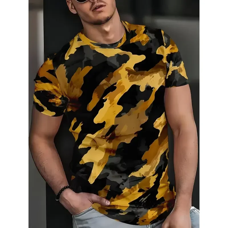 Men Yellow Black Camo T Shirt 3D All Over Camouflage Print Crew Neck Short Sleeve Tops Casual Summer Tee Streetwear Fashion