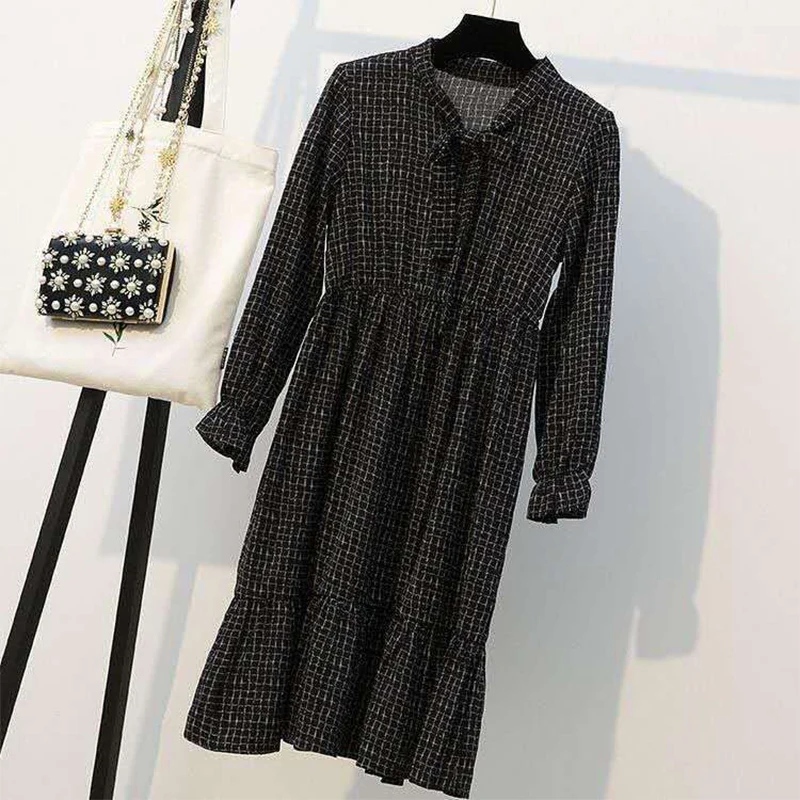 Autumn Winter Vintage Plaid Printed Bow Dress Loose Casual Solid Color Vest Sweater Suit Lady Long Sleeve Robe Knitting Tank Top