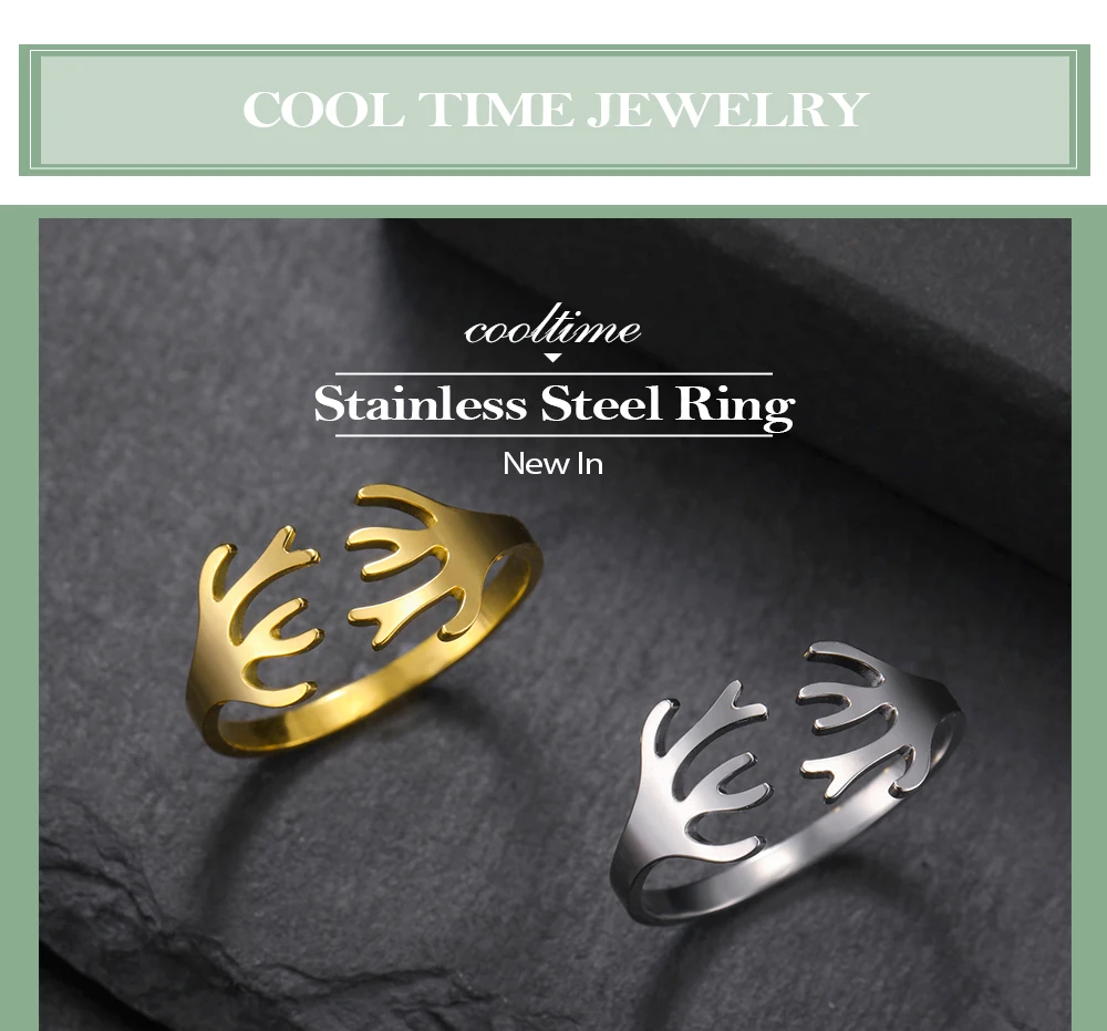 CoolTime Hirschgeweih Offener Ring Goldfarben Edelstahl Verstellbarer Ring Tierschmuck Geschenk für Liebhaber Natürliches Alltagsaccessoire – Detail 1