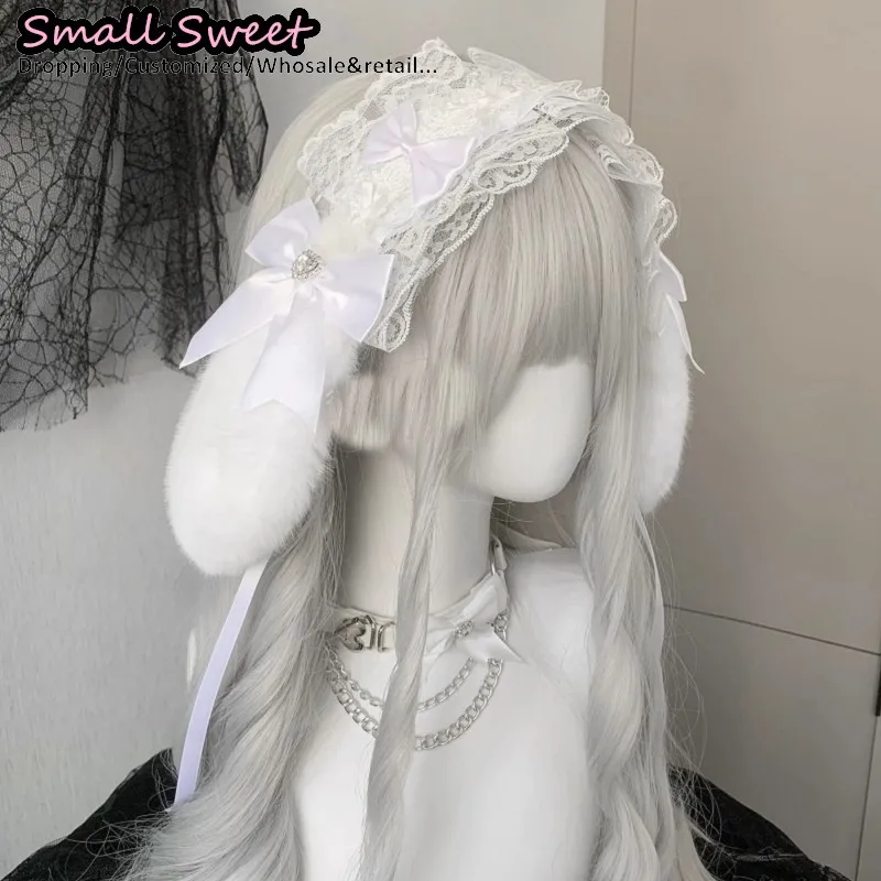 Goth Bunny Ear Bow Hair bands Harajuku Gothic Lolita Y2K girl Rabbit ears hair band Punk Lace Ruffled Headband Hair Hoop view 6