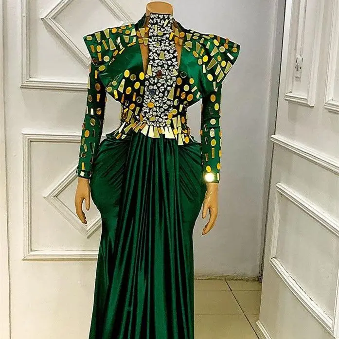 Vert foncé sirène 2026 robes de bal manches longues cristaux Satin soirée formelle fête d'anniversaire robes robes ZJ2617