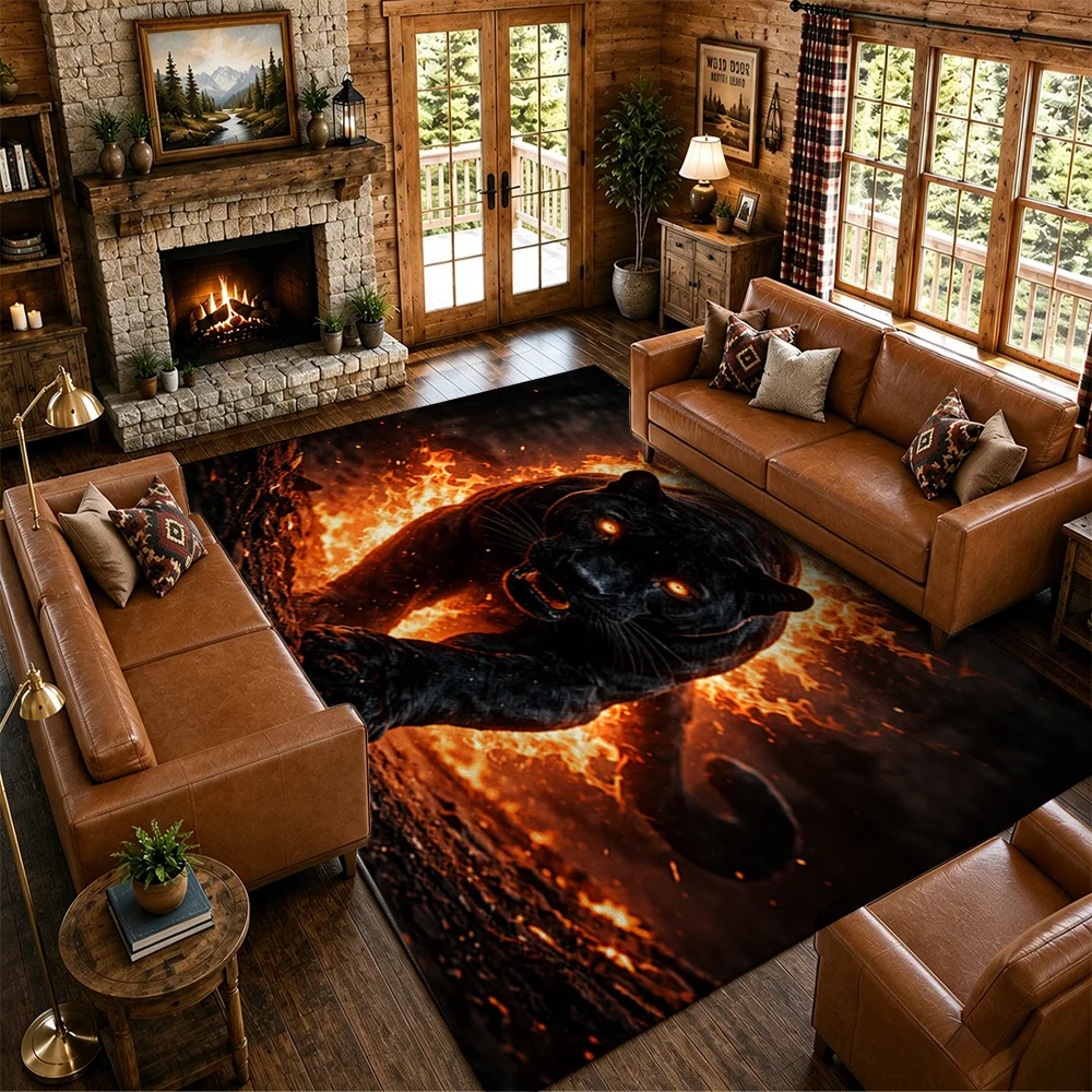 1pc Modern Retro Area Rug, Puma with Orange & Black Flames Pattern, Non-Slip,Easy to Clean, Soft & Lightweight, Machine Washable