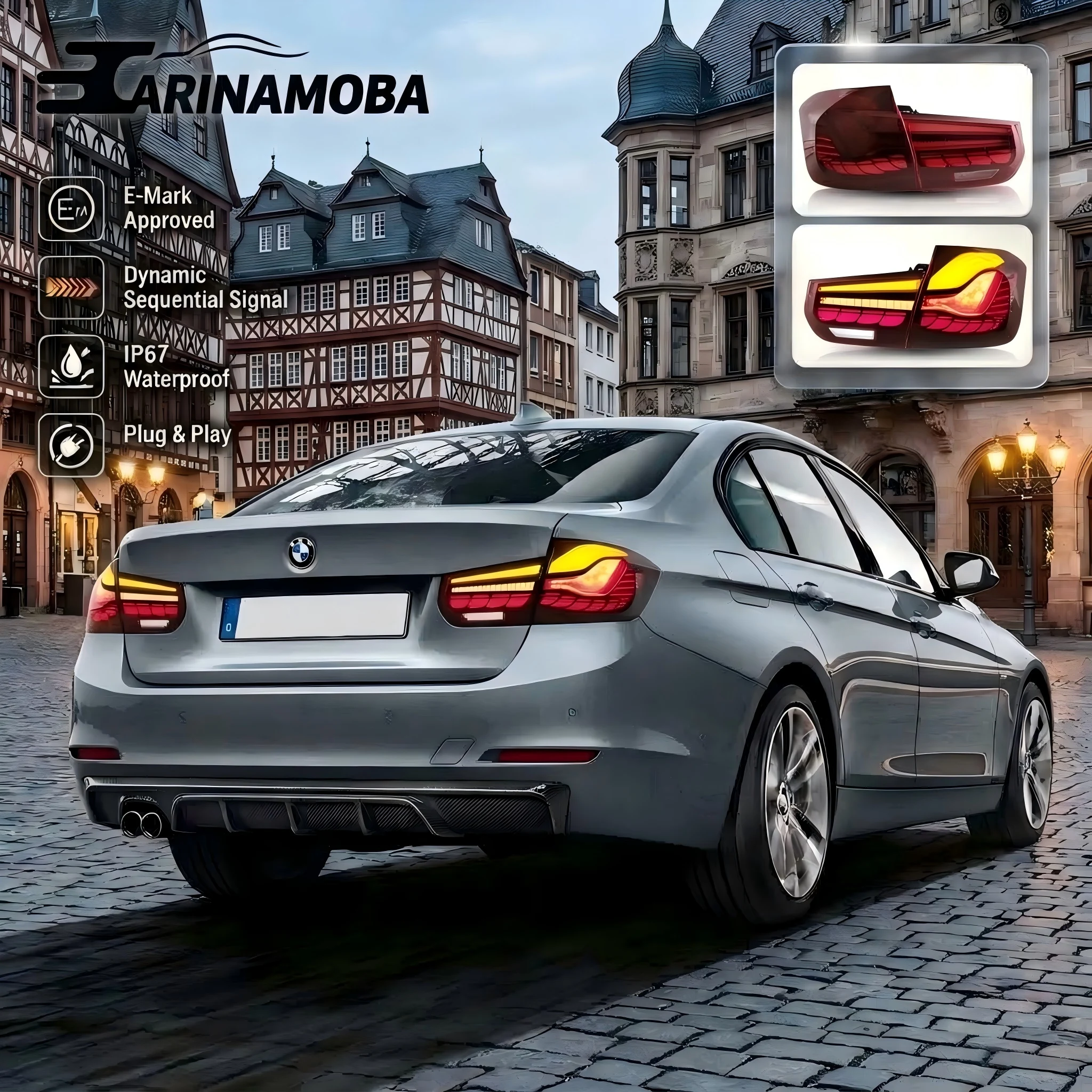 CARINAMOBA GTS OLED-Style Voll-LED-Rückleuchten für BMW 3er F30 F80 M3 Limousine 2013-2018 |   Dynamisches Sequenzielles Bernsteinfarbenes Blinklicht DRL Rücklicht-Set |   E-Mark ECE-geprüft |