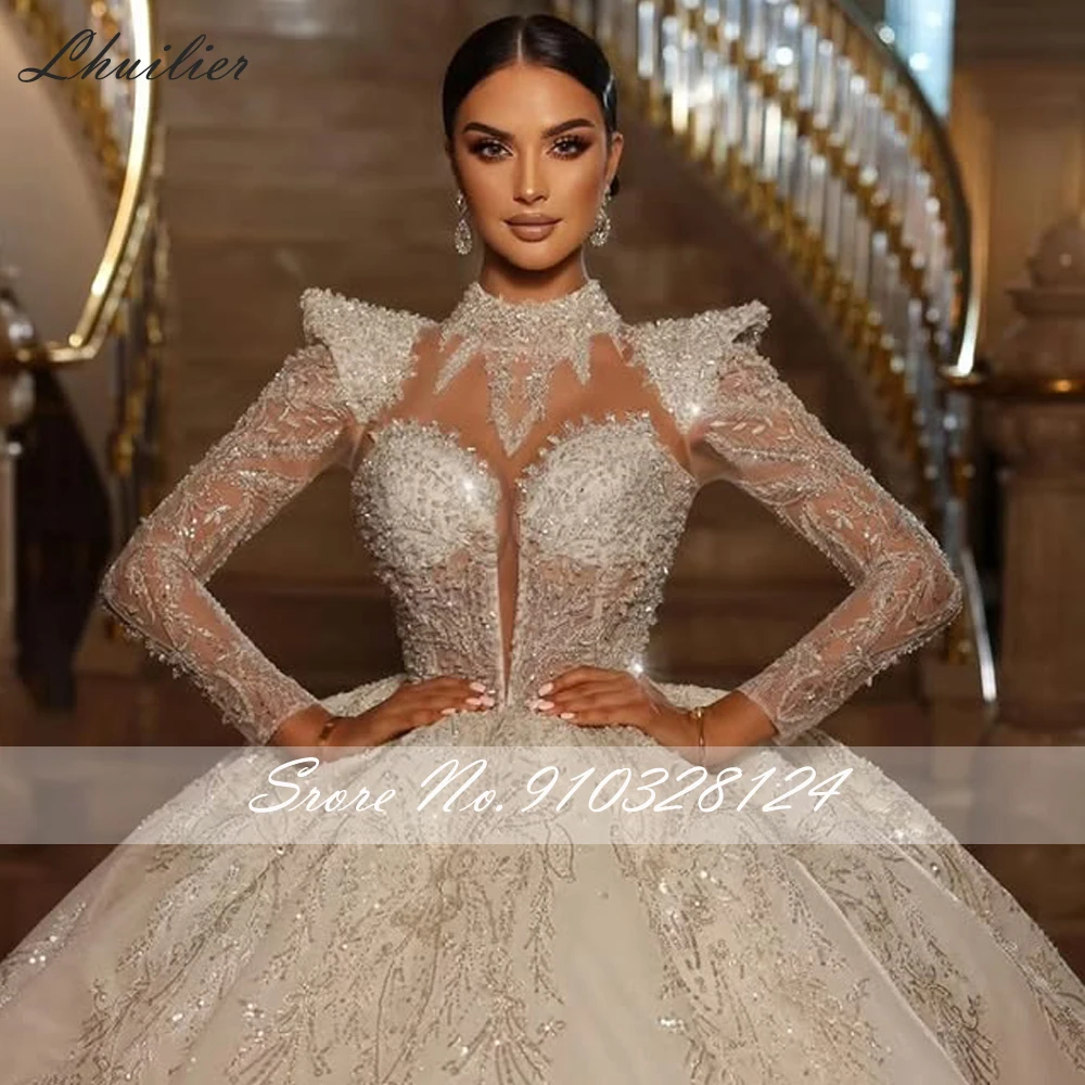 Lhuilier Customized O-Neck Ball Gown Lace Wedding Dresses Floor Length Full Sleeves Beaded Bridal Gowns with Chapel Train