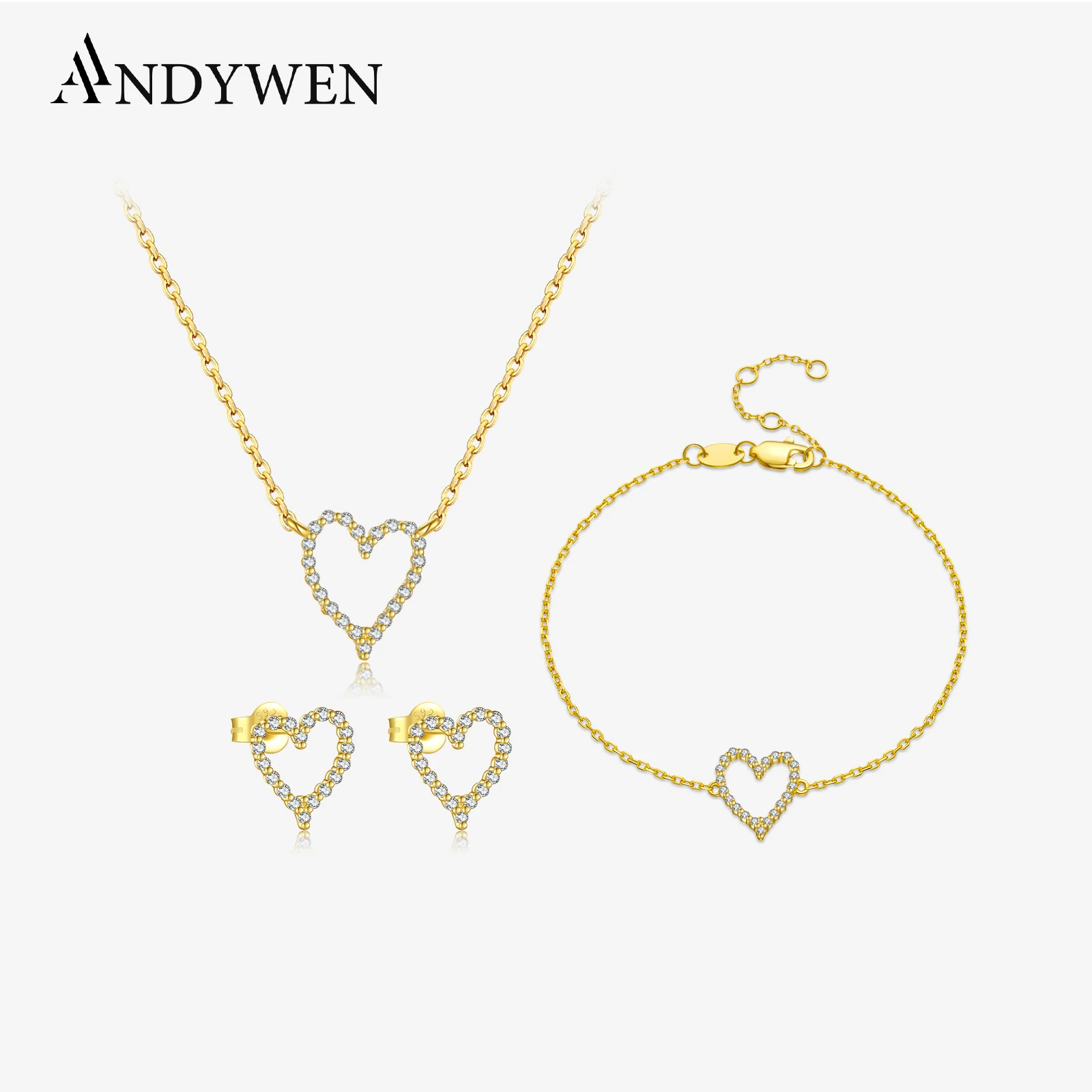 ANDYWEN-collar de cadena larga de circonita cúbica con forma de corazón de Plata de Ley 925, pulsera, anillo, pendiente, conjunto de joyería fina, regalo de boda para mujer