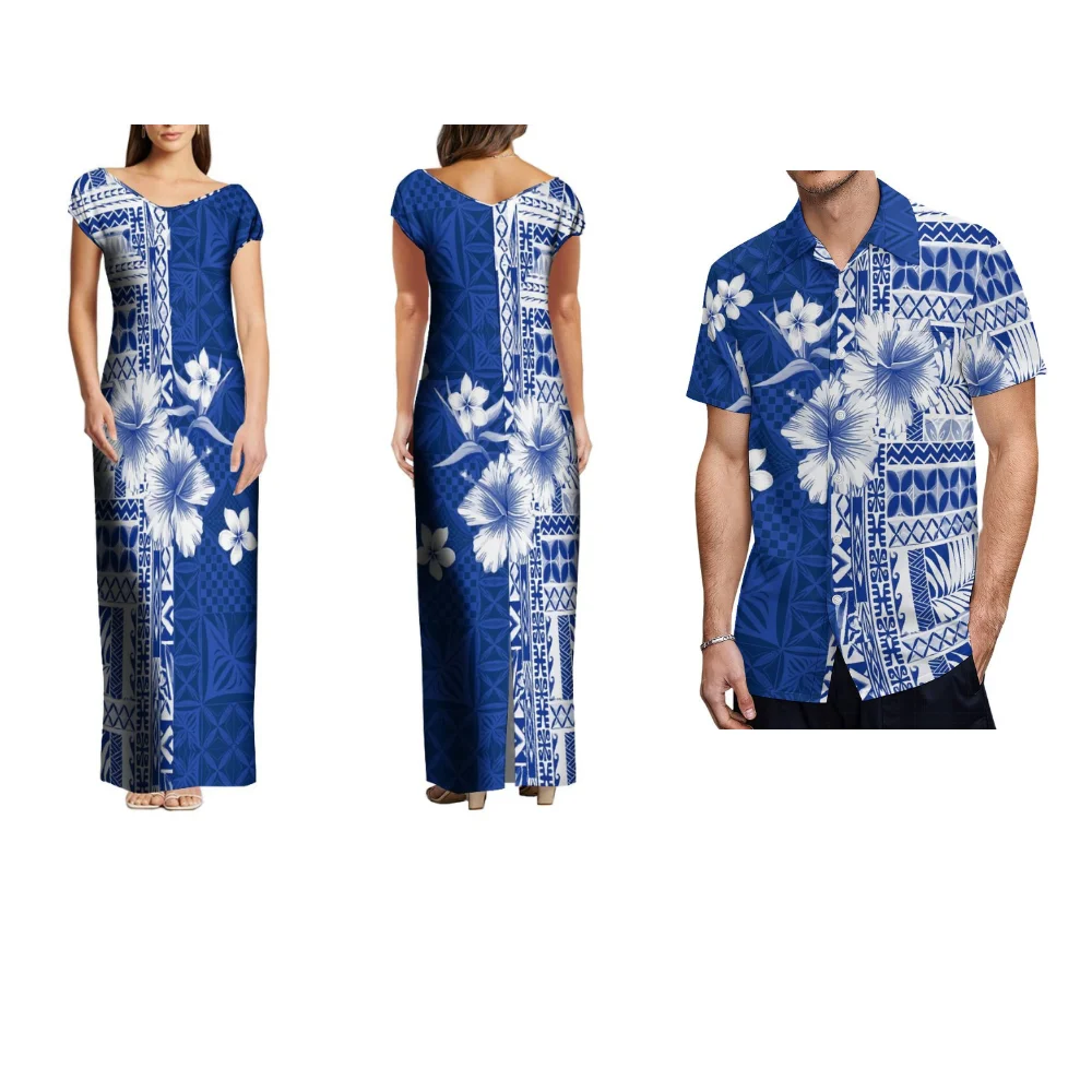 

Summer Casual Slimming Women'S Dress Elegant V-Neck Off-The-Shoulder Design Polynesian Print Custom Design With Men'S Shirt