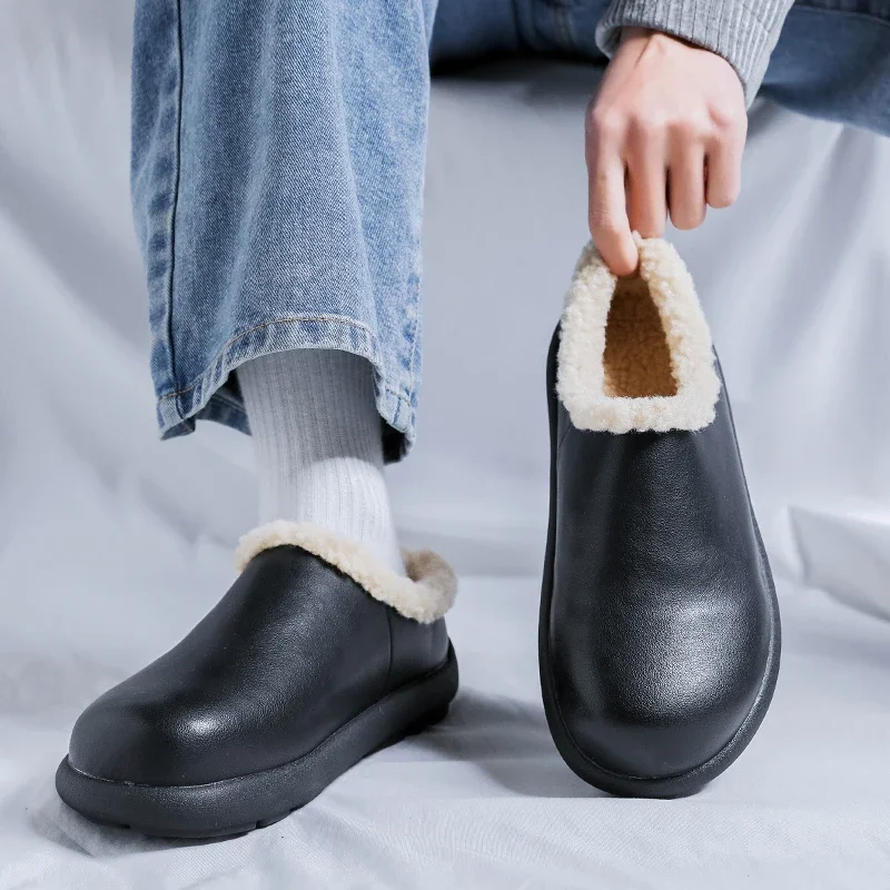 

Winter Snow Boots Furry Half Shoes for Men Mules Large Size Loafers Slippers Open-back Casual Shoes Slides Sandal Slip On Flats
