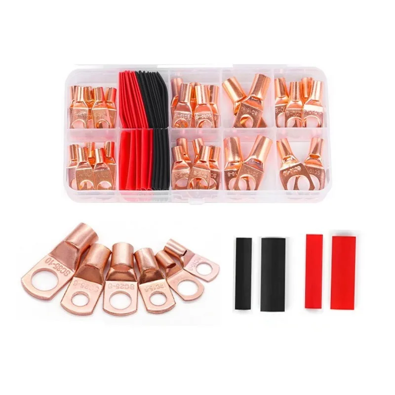 60/100/130pcs Copper Terminal Connectors, AWG 4 6 8 10 12 Ring Socket Terminal End Purple Copper Wire Lug SC Terminal