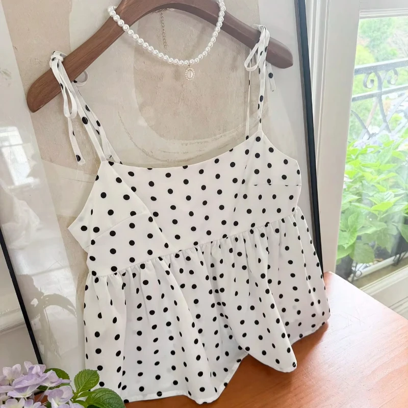 Women's Polka Dot Harajuku Temperament Commuting Cami Individuality Spaghetti Straps Flared Hem Polka Dot Camisole Top Cute Eom